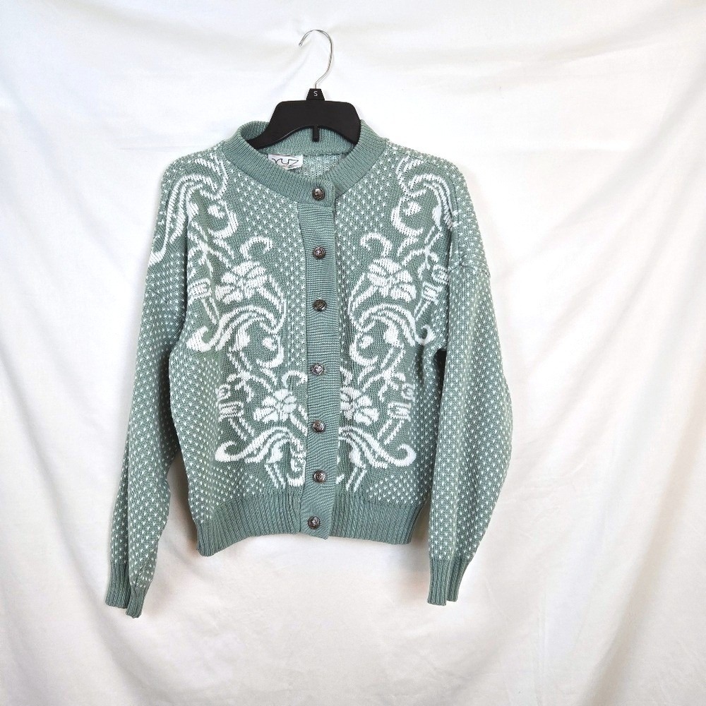XYZ Wmen Sage Green White Floral Granny Button Front Cardigan Medium Cottage Vtg
